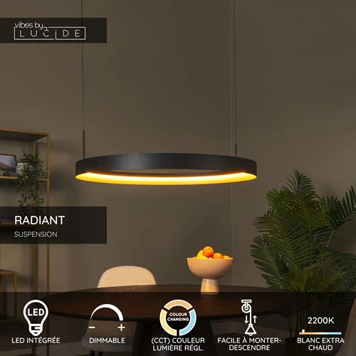 Lucide RADIANT - Suspension - LED Dim. - CCT - 1x60W 2200K/3000K - Noir - Vibes - USP